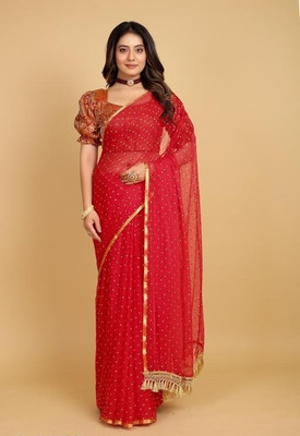 VINIT ENTERPRISE Polka Print Daily Wear Chiffon Saree(Red)