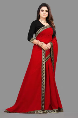 OKTAT Solid/Plain Bollywood Georgette Saree(Red)