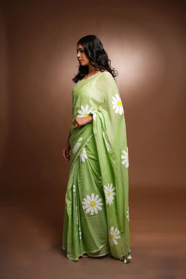 HouseOfCommon Floral Print Bollywood Cotton Blend Saree(Light Green)