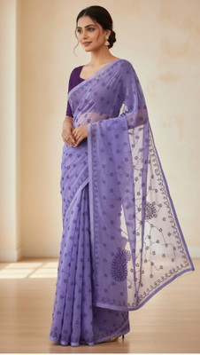 RIDDHI Embroidered Lucknow Chikankari Georgette Saree(Purple)