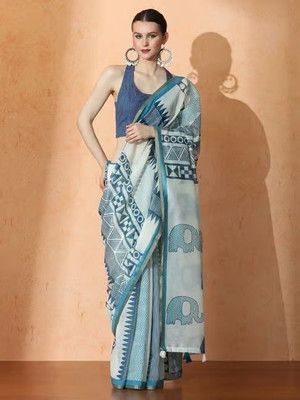 Soor Panchi Printed Bollywood Cotton Silk Saree(Blue)