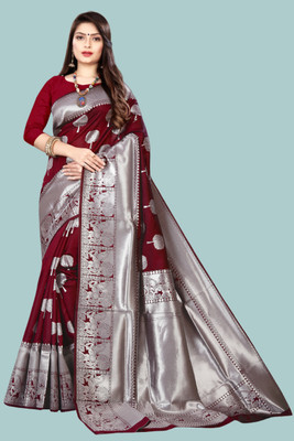 tapovan fashion Embellished, Self Design, Woven Kanjivaram Silk Blend, Jacquard Saree(Maroon)