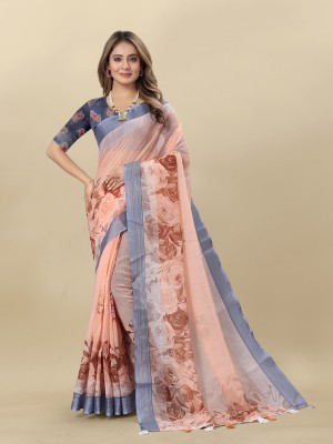 VS Enterprise Digital Print Bollywood Linen, Cotton Linen Saree(Orange)