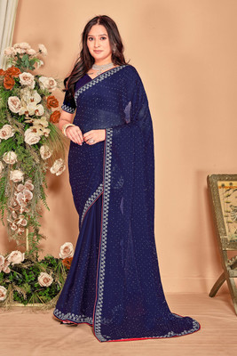 Divastri Embellished, Embroidered Bollywood Chiffon Saree(Dark Blue)