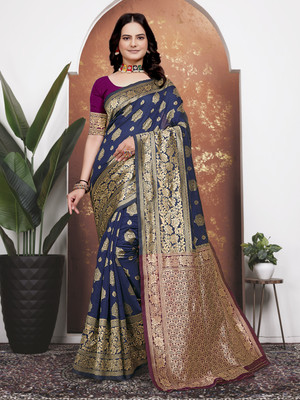 Anmi Embellished Bollywood Silk Blend Saree(Dark Blue)