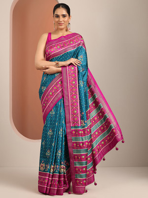 LIBAS Printed Daily Wear Silk Blend Saree(Blue)
