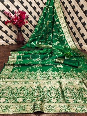 VIRDHI TEXTILE Printed, Self Design, Floral Print, Embellished, Woven Kanjivaram Silk Blend, Jacquard Saree(Pack of 2, Green)