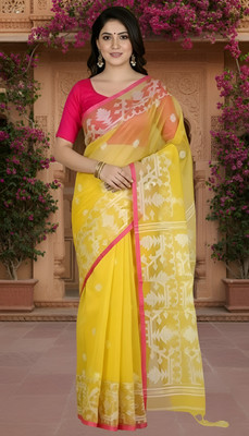 AKfasionN Woven, Embellished Jamdani Muslin Saree(Yellow)