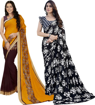 kashvi sarees Floral Print Daily Wear Georgette Saree(Pack of 2, Yellow, Brown, Black)
