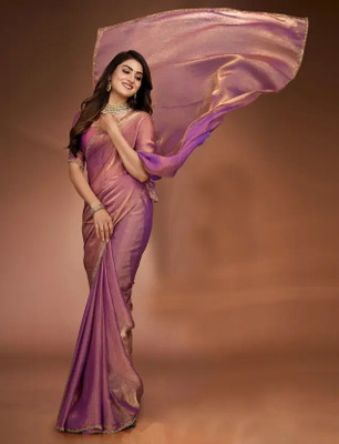 Vraggi Embellished, Embroidered, Solid/Plain Pre Draped Saree Chiffon, Pure Silk Saree(Purple)