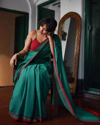 nebadita Solid/Plain, Self Design Handloom Pure Cotton Saree(Green)