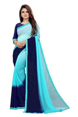 SNIXTY Color Block Bollywood Georgette Saree(Light Blue, Blue)