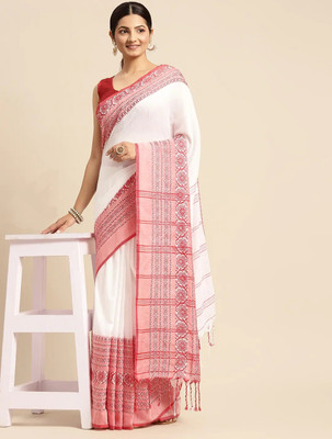 Rnn Solid/Plain Handloom Pure Cotton Saree(Red)