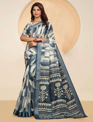 Gajal Woven, Printed Kanjivaram Pure Cotton, Cotton Linen Saree(Light Blue, Cream)