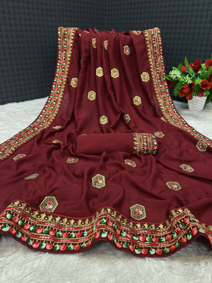 monoria Embroidered Bollywood Silk Blend Saree(Maroon)