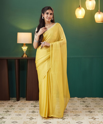 SIRIL Solid/Plain Bollywood Georgette Saree(Yellow)