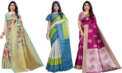 YASHIKA Printed, Woven Kalamkari Art Silk Saree(Pack of 3, Light Green, White, Blue, Purple)