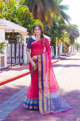 Aarunika SST Striped Bollywood Organza Saree(Pink)