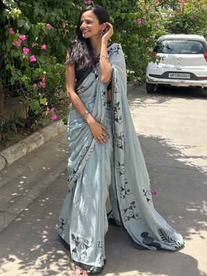 Sareemall Printed Daily Wear Pure Cotton Saree(Grey)