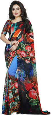Kalaa Varsha Printed, Digital Print, Graphic Print, Floral Print Daily Wear Georgette Saree(Dark Blue, Red)