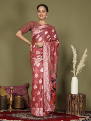 Divastri Woven, Digital Print Banarasi Cotton Linen Saree(Red)