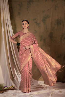 Sangria Woven Saree with Attached Blouse Silk Blend Saree(Pink)