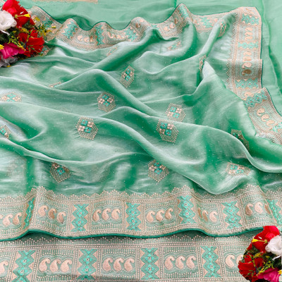 KanjiQueen Self Design, Embellished Banarasi Pure Silk, Organza Saree(Light Green, Cream)