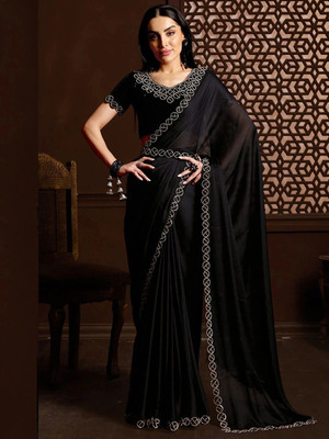 RAJESHWAR FASHION Embellished, Solid/Plain Bollywood Chiffon, Satin Saree(Black)