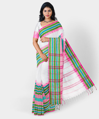 Damudar sarees Striped Handloom Handloom Cotton Blend Saree(White)