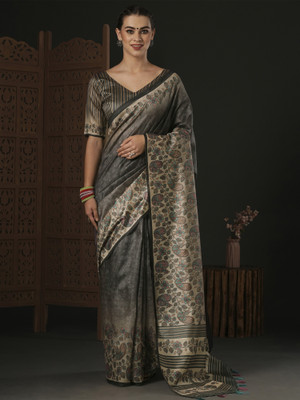 Sareemall Printed Sambalpuri Silk Blend Saree(Grey)