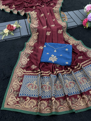 CHAMUNDA CREATION Embroidered Bollywood Pure Silk Saree(Maroon)