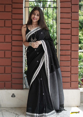 SHREE GHANSHYAM FASHION Embellished, Woven, Solid/Plain, Self Design, Striped Banarasi Cotton Silk, Jacquard Saree(Black)