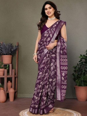 Soor Panchi Floral Print Banarasi Cotton Linen Saree(Purple)