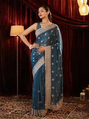 KASEE Embroidered Bollywood Chiffon Saree(Blue)