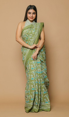 Printed Cotton Mulmul Saree Printed Daily Wear Pure Cotton Saree(Green)