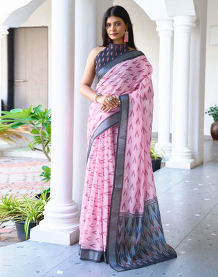 Samah Printed, Paisley Ikkat Linen Saree(Pink)