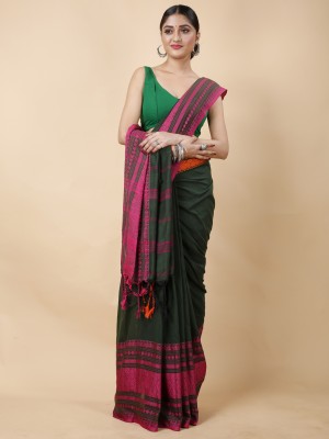 Divastri Woven Handloom Pure Cotton Saree(Dark Green)