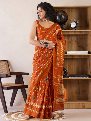 Anouk Rustic Printed Pre Draped Saree Cotton Blend Saree(Orange)
