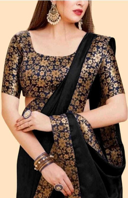 Decent Choice Solid/Plain Assam Silk Art Silk Saree(Black)