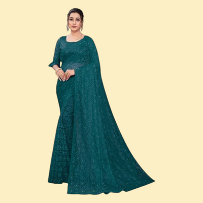 nexxxa Floral Print Bollywood Net Saree(Green)
