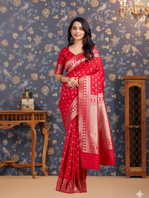 House of Pataudi Woven, Paisley Banarasi Jacquard, Art Silk Saree(Red, Silver)