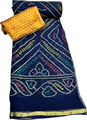 MINE CHOICE Embellished, Printed, Self Design Bandhani Georgette, Viscose Rayon Saree(Dark Blue, Gold)