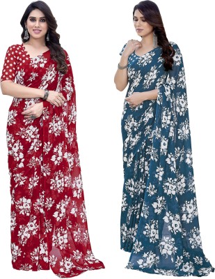 kashvi sarees Printed Daily Wear Georgette Saree(Pack of 2, Red, Blue)