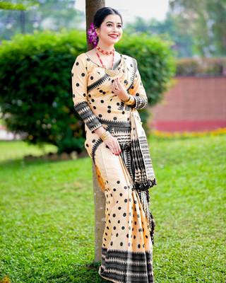 YASA CREATION Woven Mekhela Chador Pure Silk Saree(Cream)