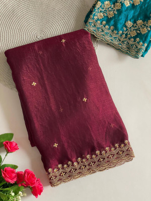 fashionfever Embroidered Bollywood Chiffon Saree(Red)
