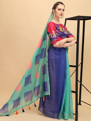 Sangria Embroidered Daily Wear Linen Saree(Light Blue)