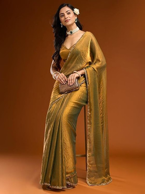 watay Embroidered Bollywood Georgette Saree(Gold)
