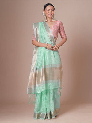 House of Pataudi Striped Banarasi Chiffon Saree(Blue)