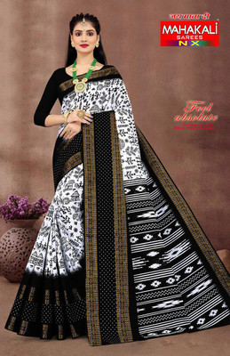 Sumit Textiles Printed Sambalpuri Cotton Blend Saree(White, Black)