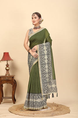 J6 Designers Printed Bollywood Cotton Silk Saree(Green)